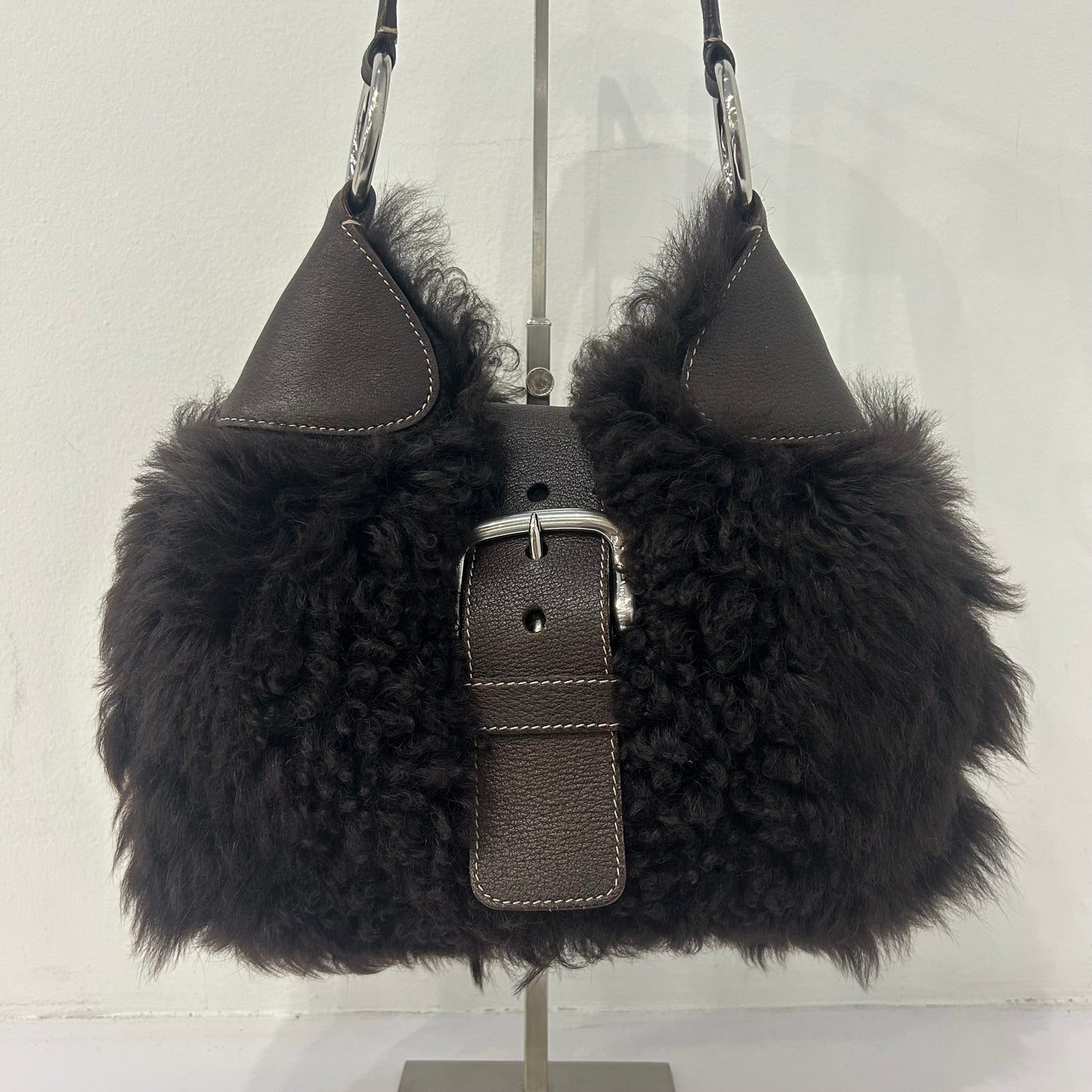 Prada Brown Shearling & Leather Hobo Bag