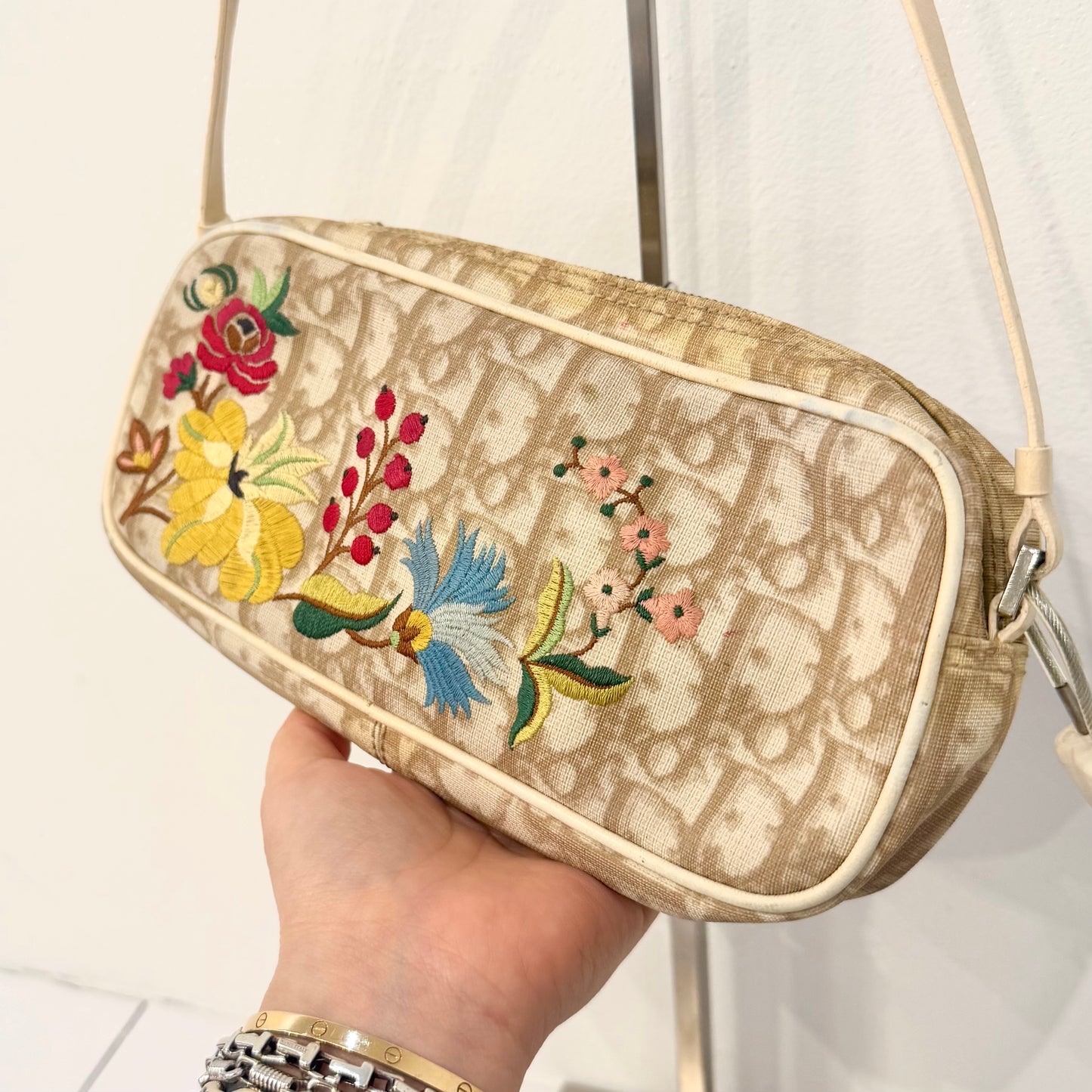 Christian Dior Cream Coated Canvas Floral Embroidered Pochette