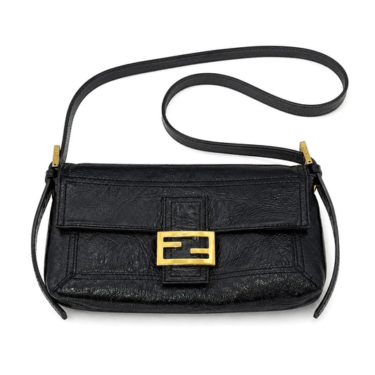 Fendi Black Crinkle Patent Leather Long Strap Baguette