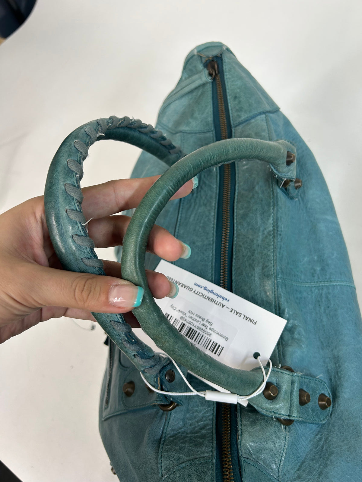 Balenciaga Teal Leather "Work" City Bag Brass HW