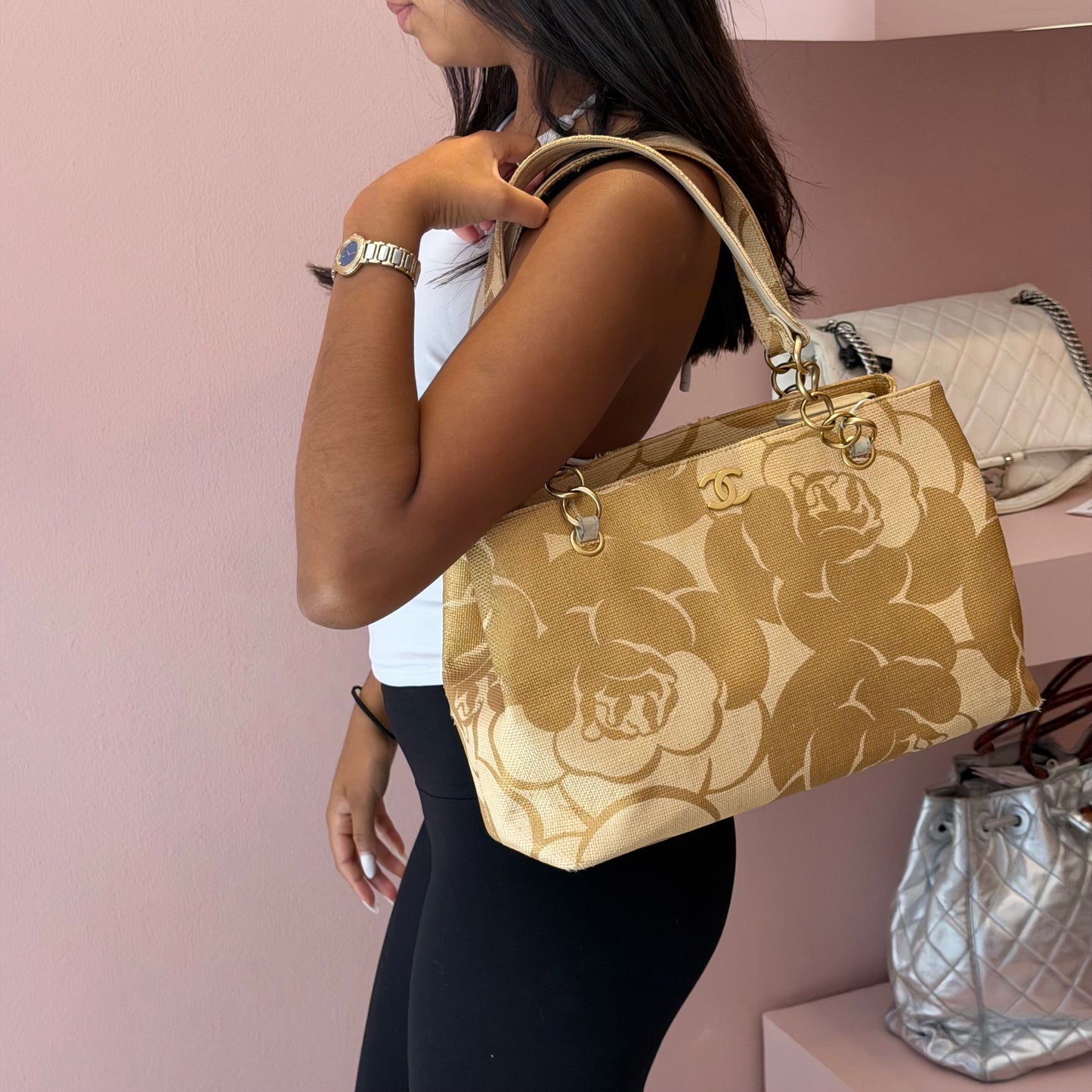 Chanel Gold Raffia Camilla Tote Bag