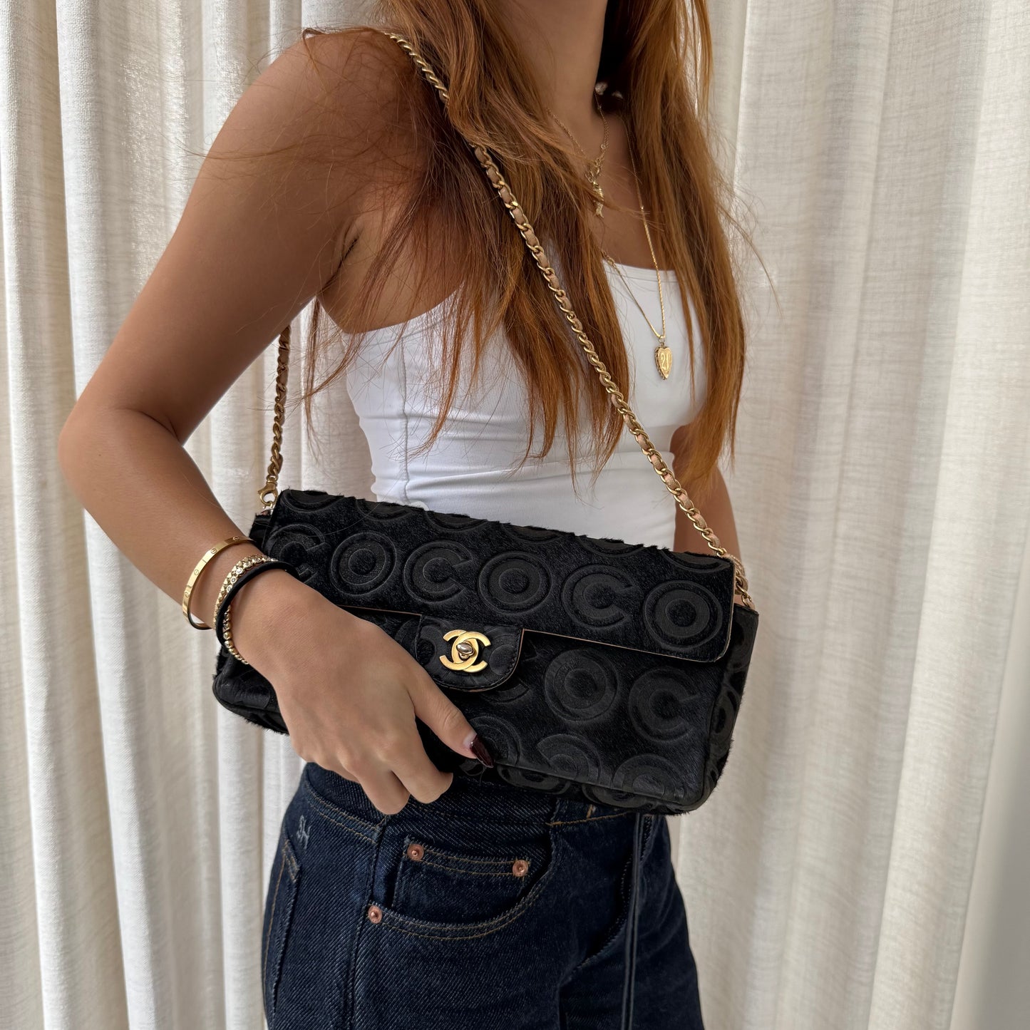 Chanel Black Pony Hair Coco Monogram East/West Flap