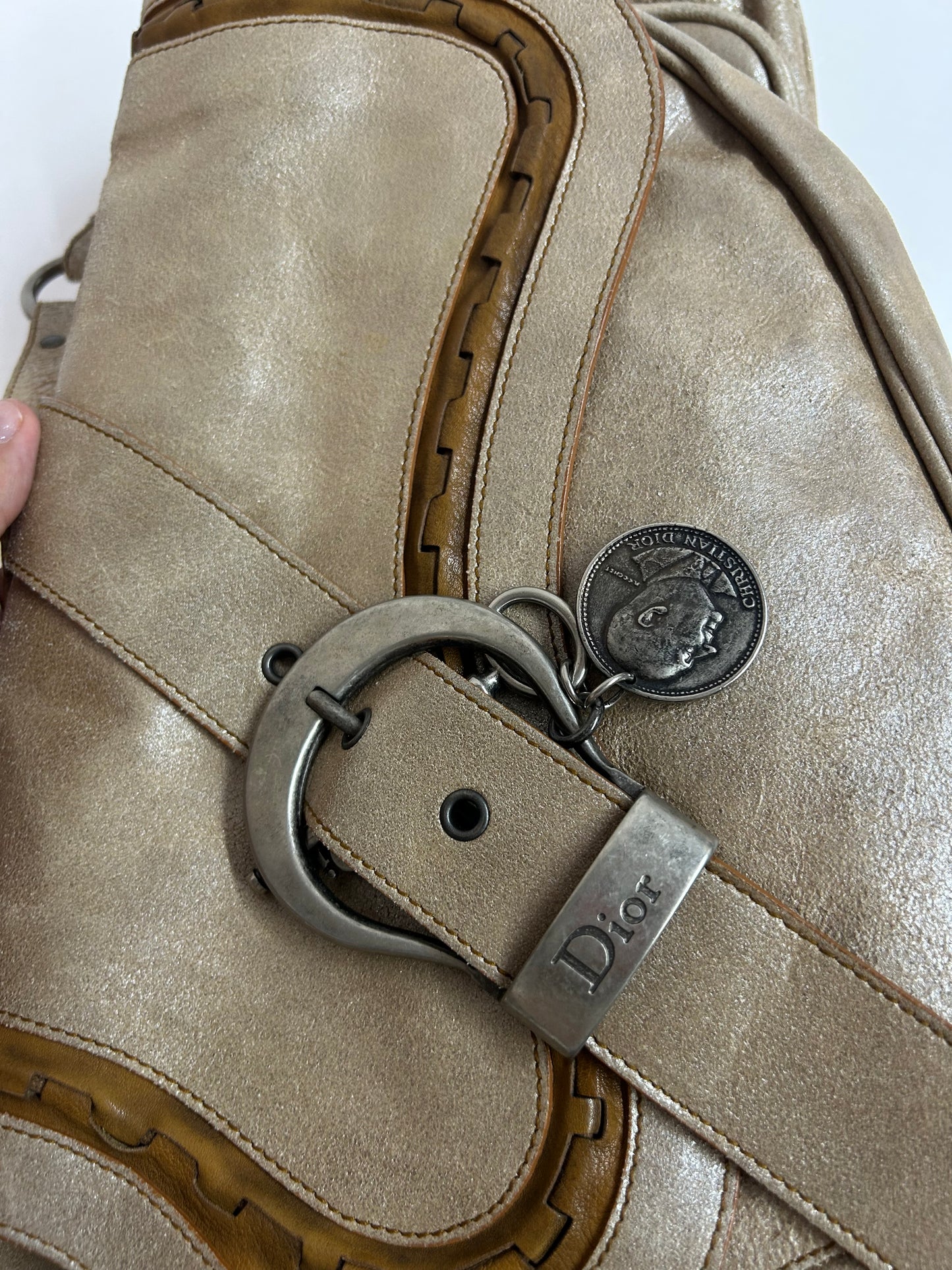 Chrisitian Dior Cream Metallic Gaucho Shoulder Bag