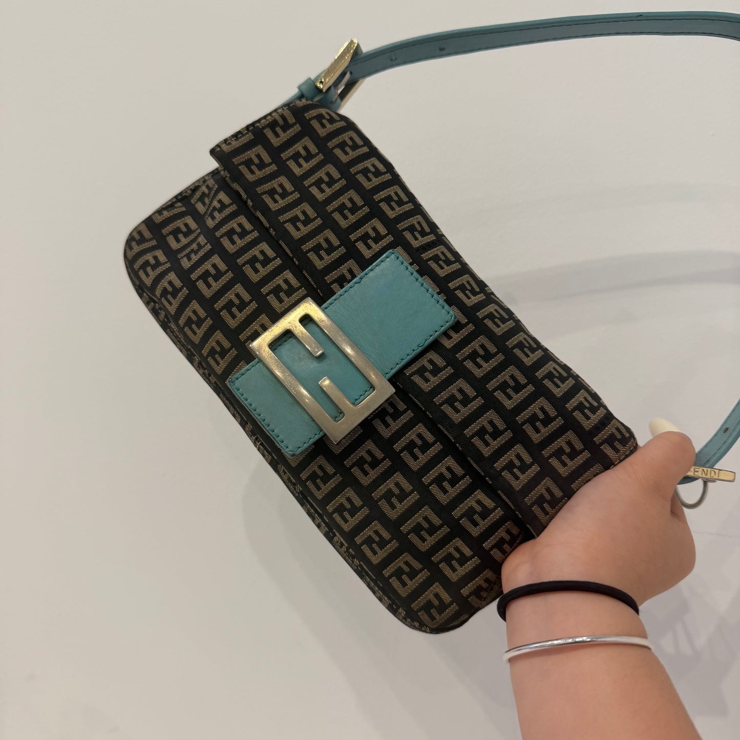 Fendi Black Zucchino Canvas & Teal Leather Baguette Shoulder Bag