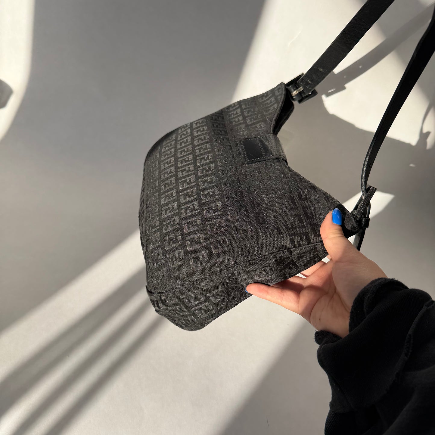 Fendi Black Zucchino Canvas Moon Hobo Bag
