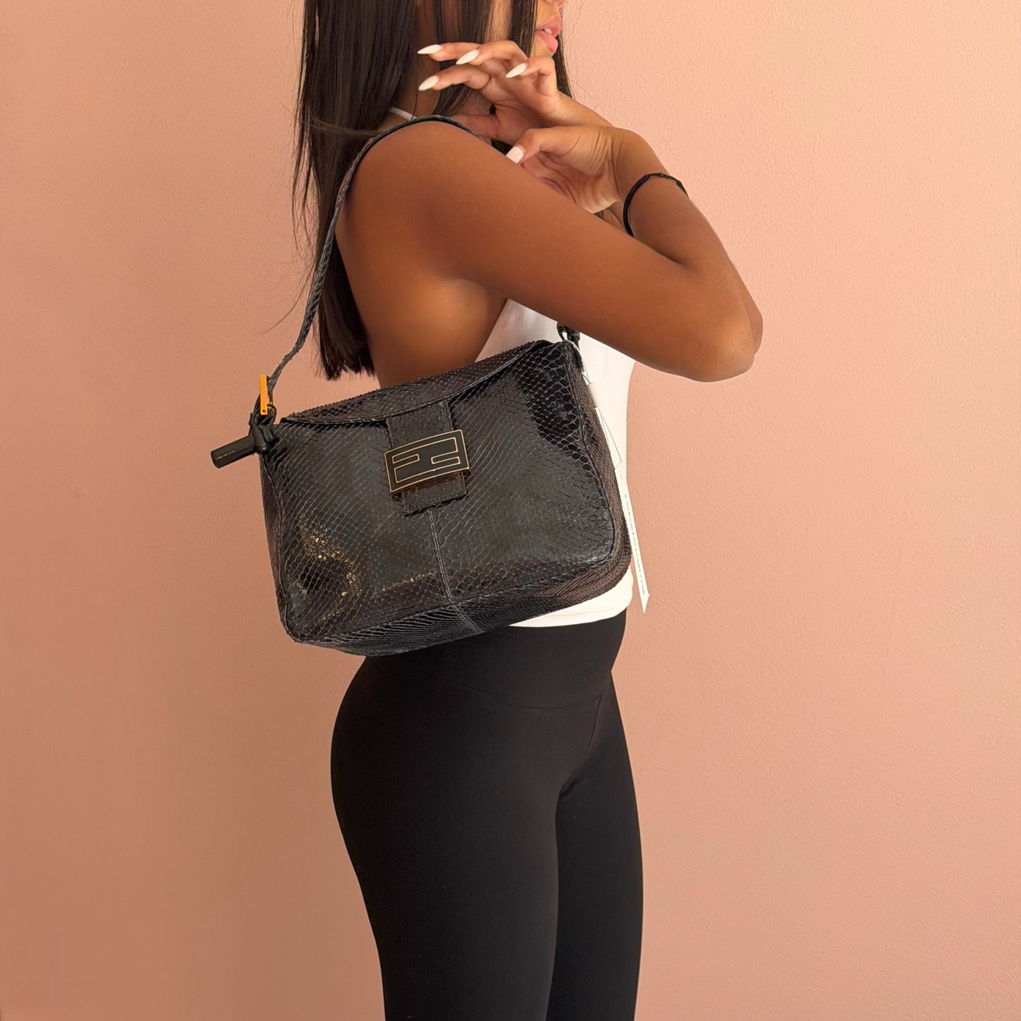 Fendi Black Python Leather Rounded Mamma Baguette