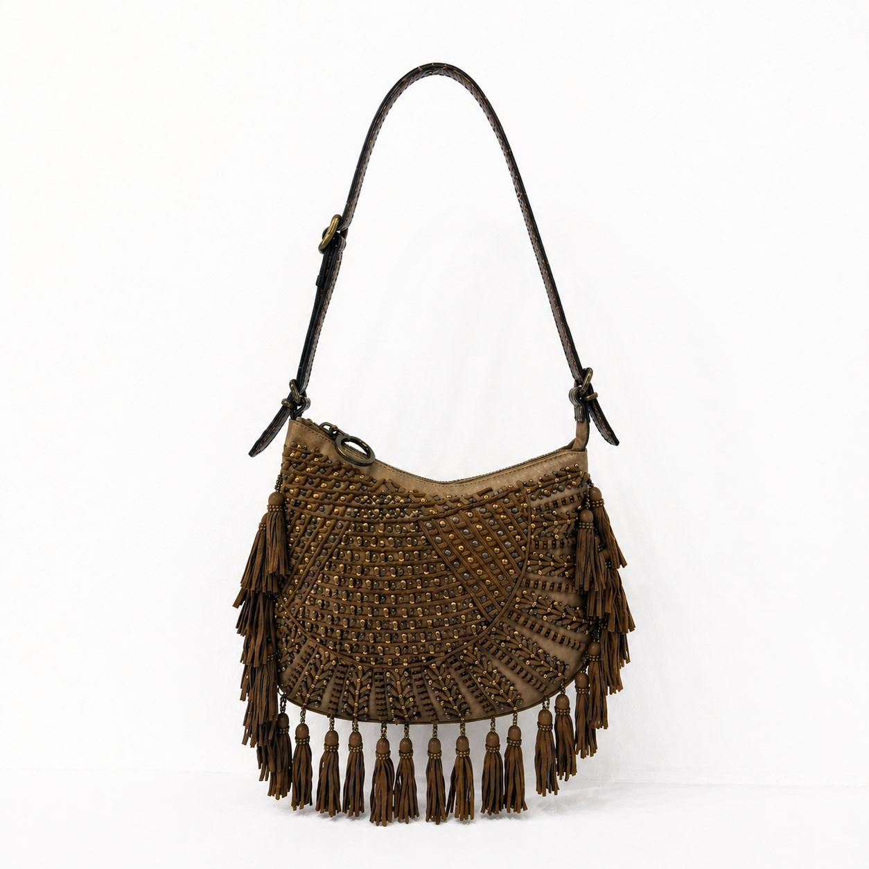 RARE Fendi Brown Suede Beaded Tassel Oyster Bag
