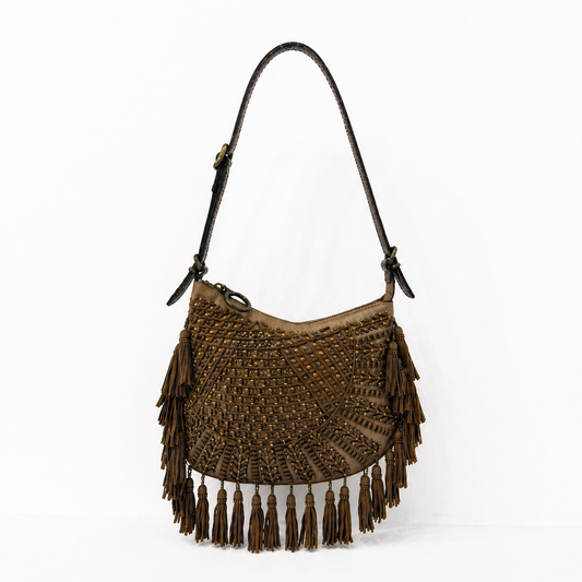 RARE Fendi Brown Suede Beaded Tassel Oyster Bag