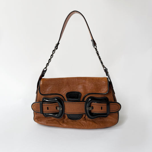Fendi Brown Pebbled Leather Double Buckle Shoulder Bag