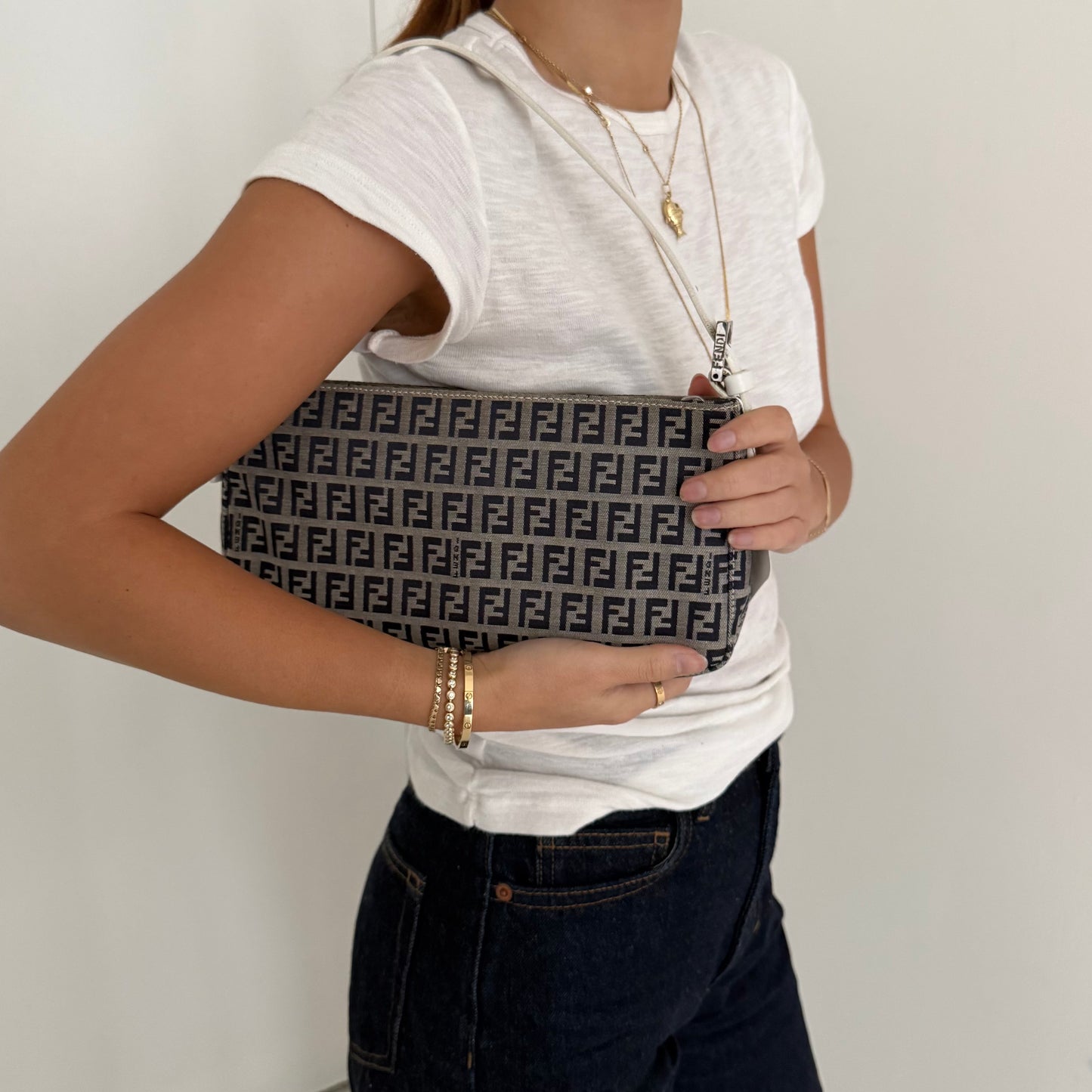 Fendi Navy Zucchino Canvas Pochette Shoulder Bag