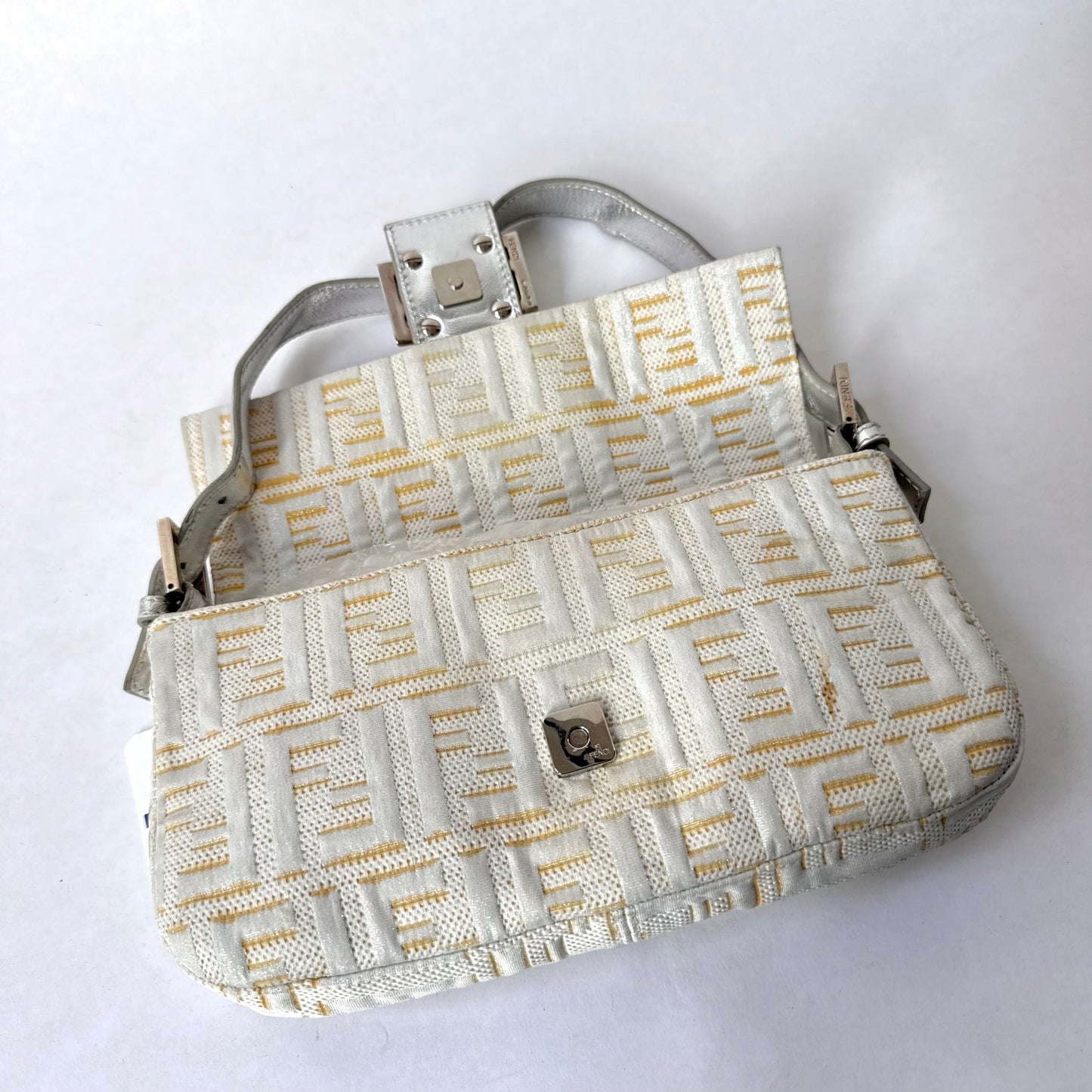 Fendi Cream Metallic Zucca Canvas Baguette Shoulder Bag