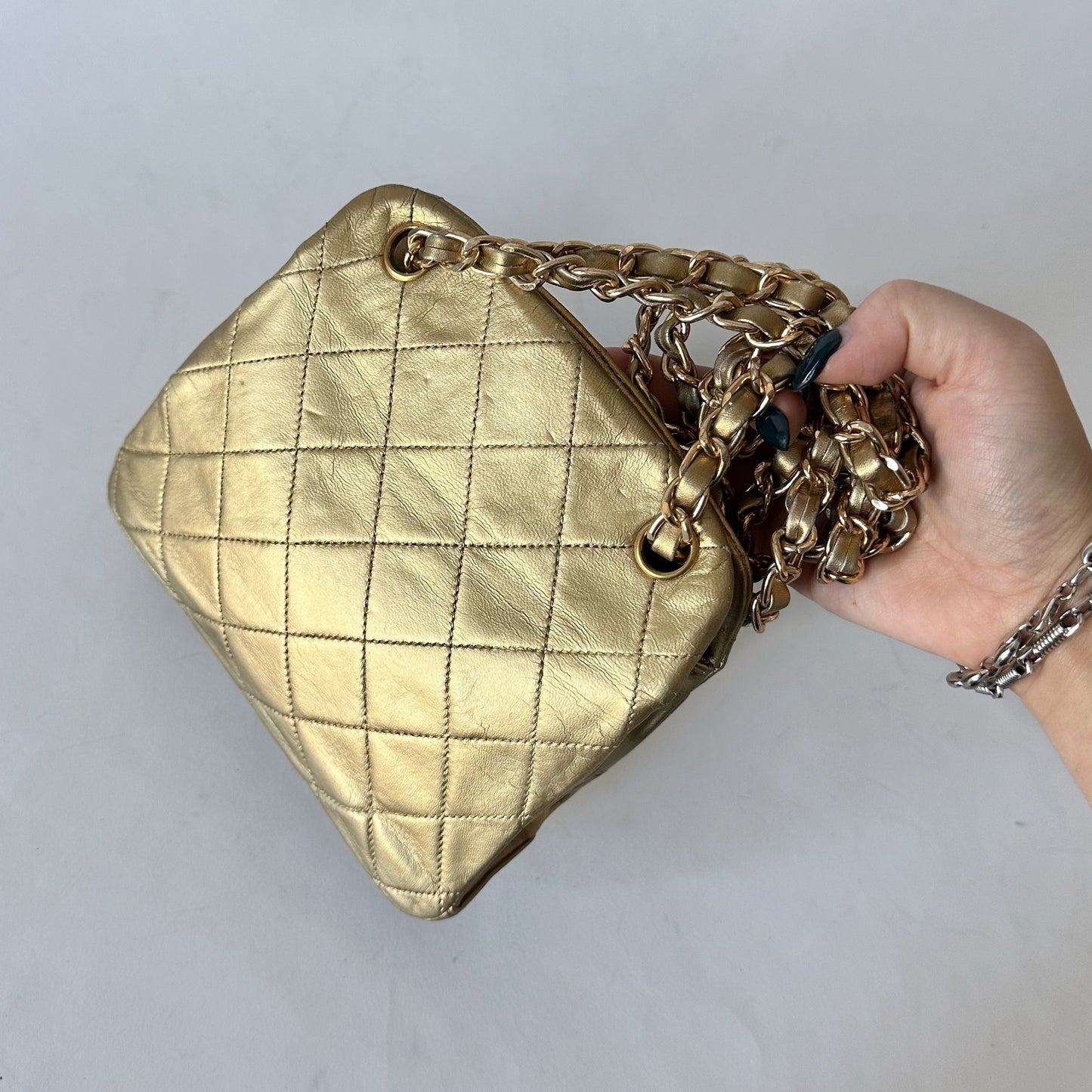 Chanel 1990 Gold Lambskin Kisslock Shoulder Bag