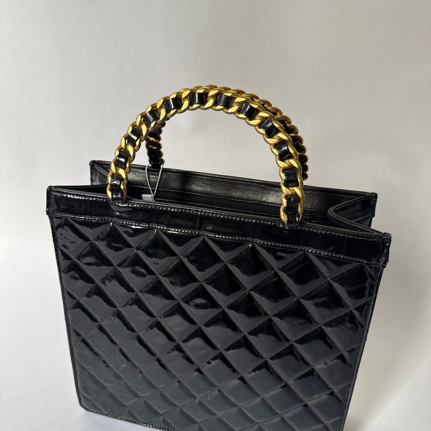 Chanel Black Patent Leather Quilted Top Handle Chain Tote