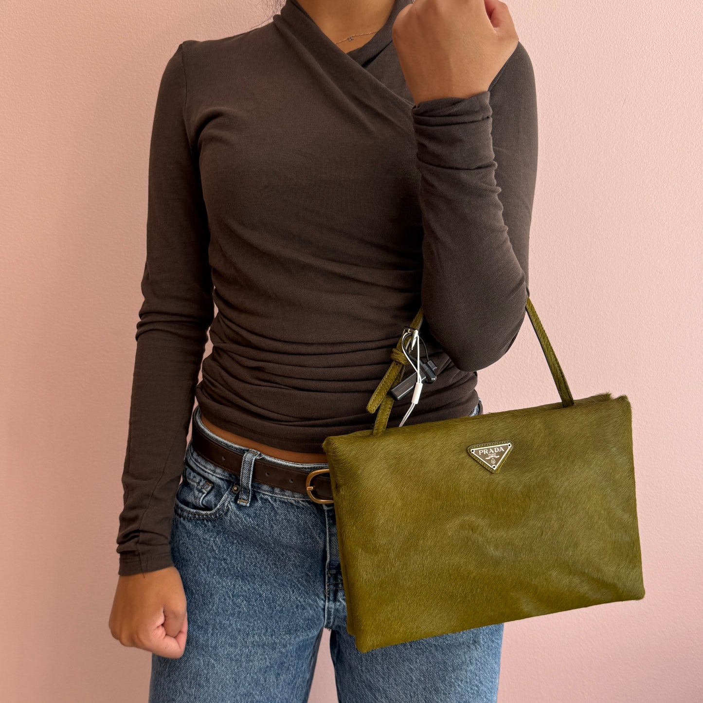 Prada Green Pony Hair Square Top Handle Bag
