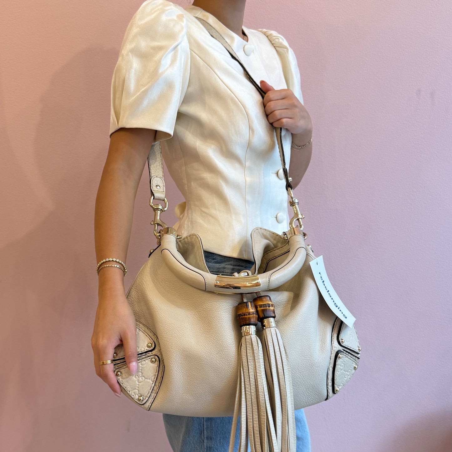 Gucci Beige Leather Monogram Canvas Babouska Indy Shoulder Bag