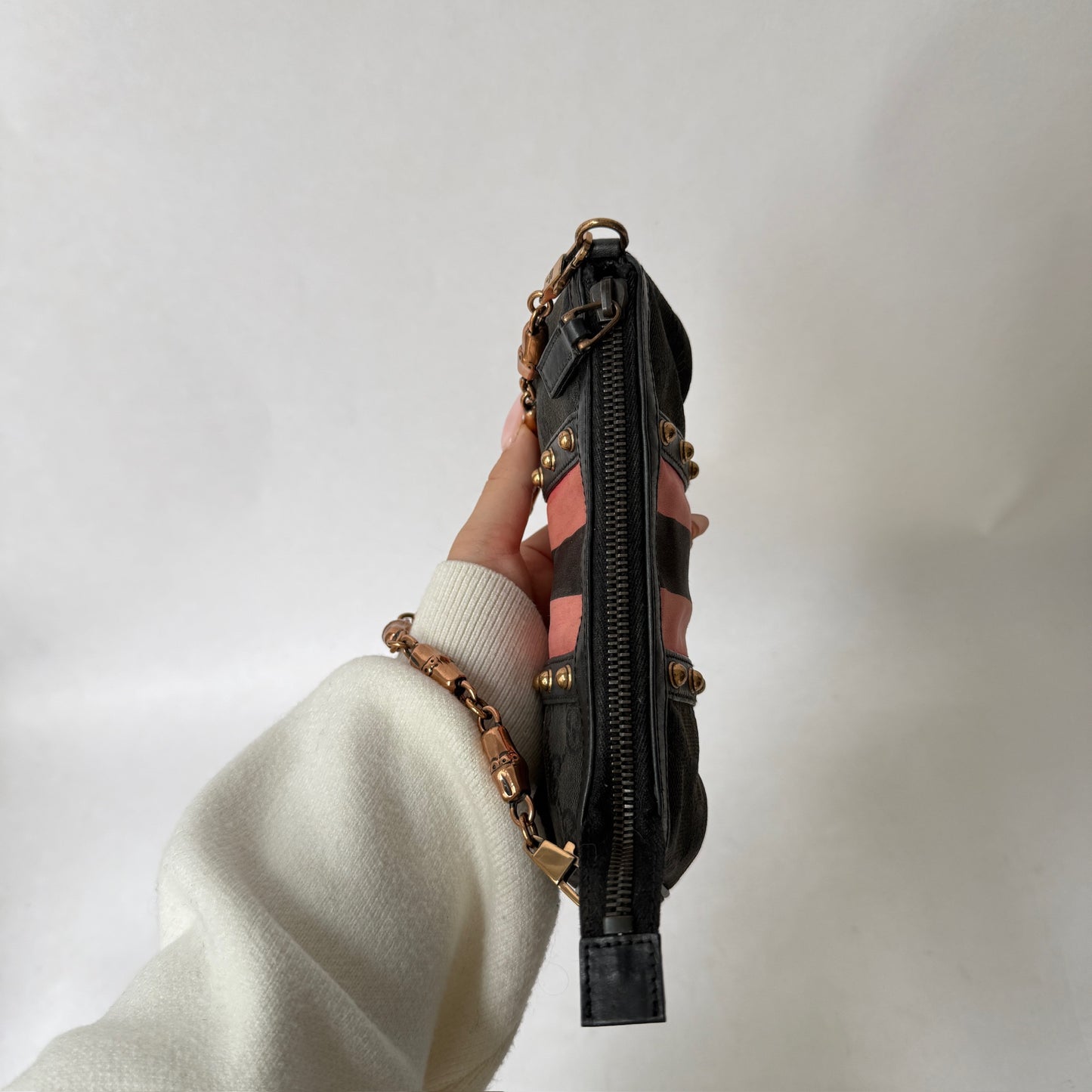 Gucci Black Canvas Monogram Web Bamboo Handle Pochette