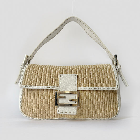 RARE Fendi Raffia Selleria Baguette w/ White Leather Shoulder Bag
