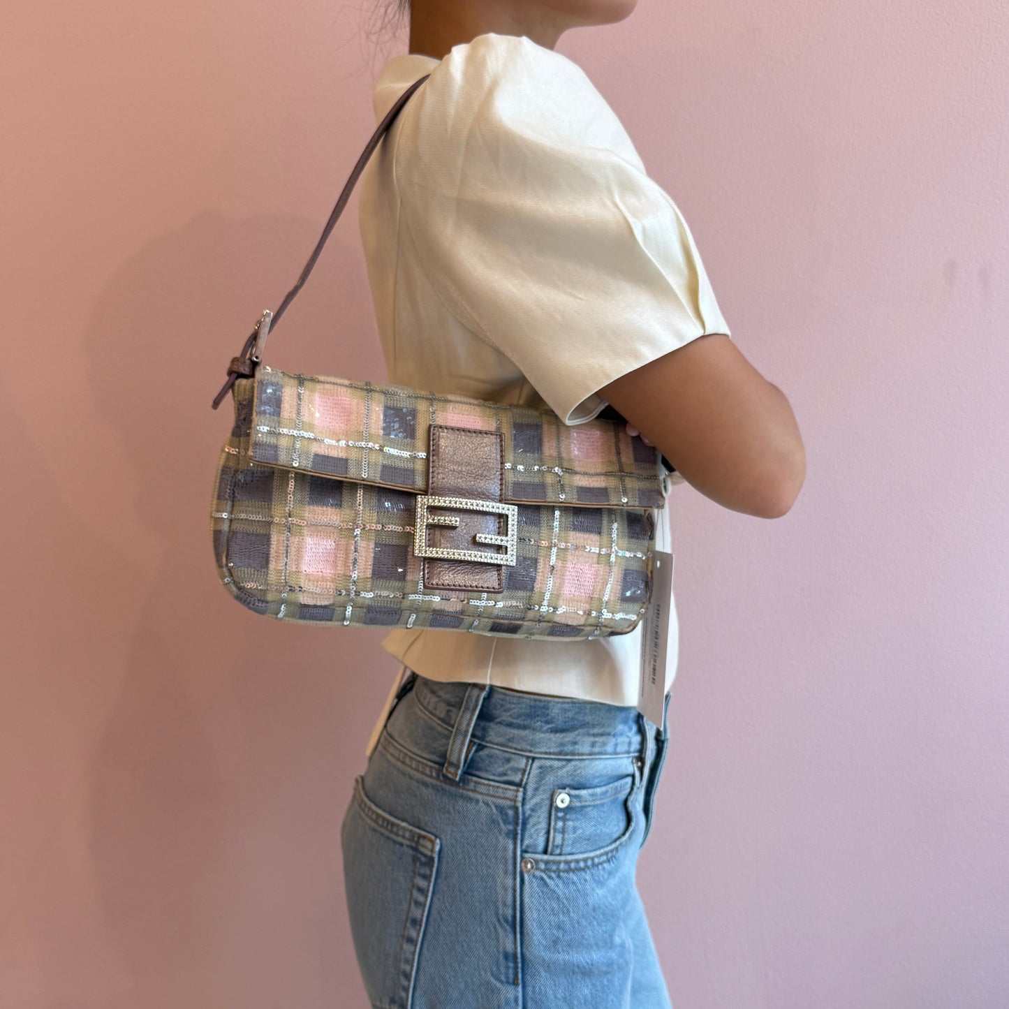RARE Fendi Multicolor Sequin Plaid Baguette Shoulder Bag
