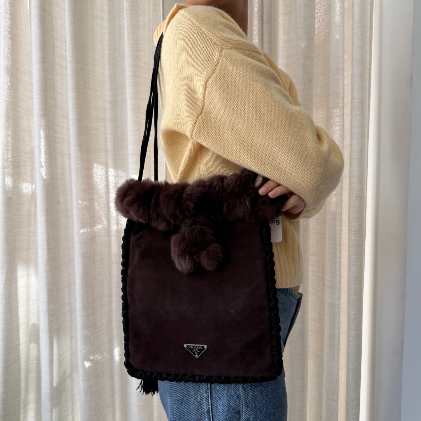 Prada Brown Suede & Fur Braided Trim Tassel Shoulder Bag