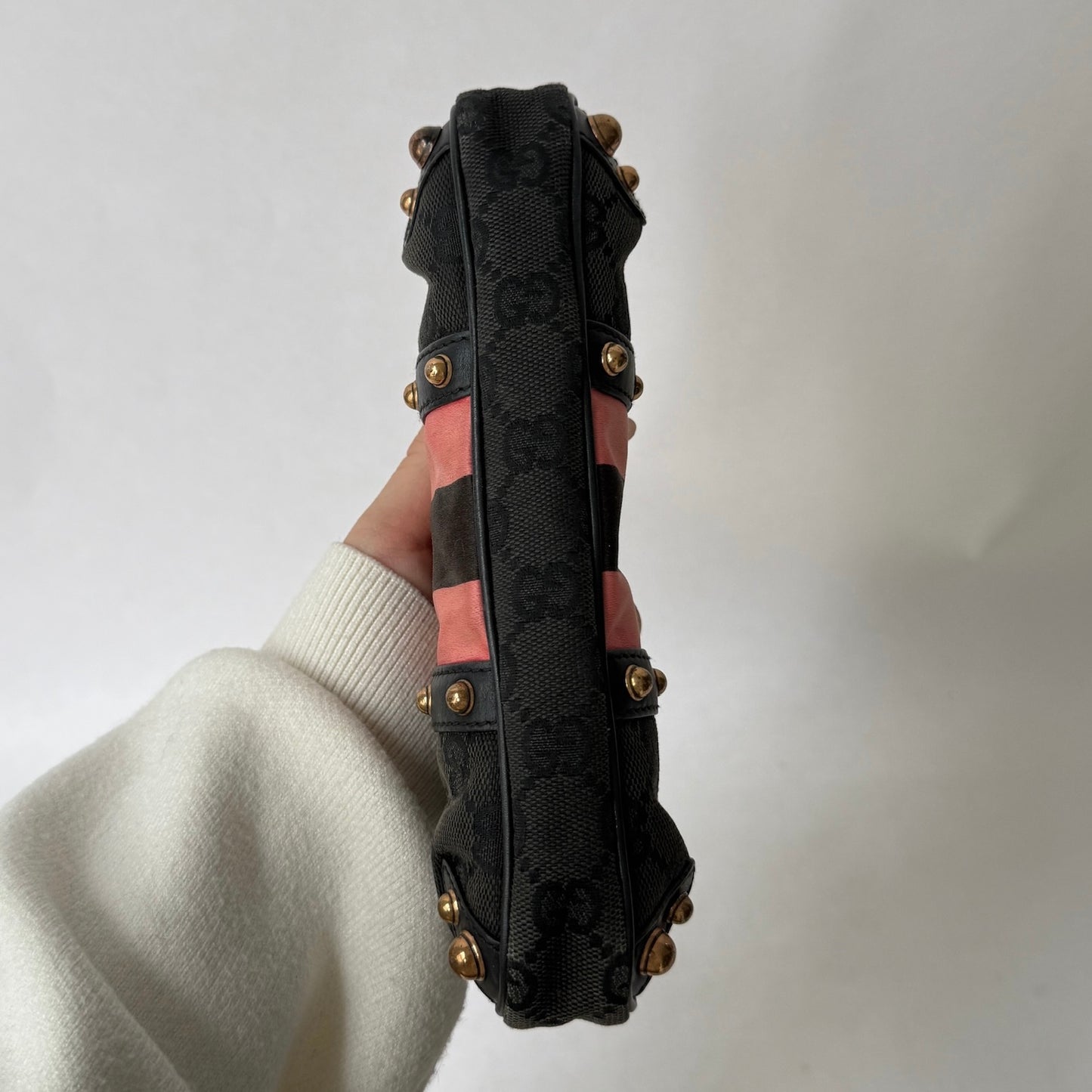 Gucci Black Canvas Monogram Web Bamboo Handle Pochette