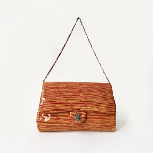 Chanel Striped Orange Patent Leather Flap Shoulder Bag