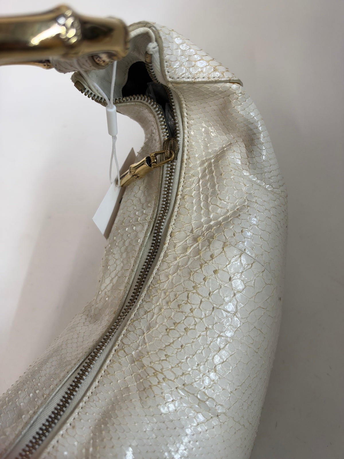 RARE Gucci White Python & Beaded Web Trim Bamboo Hardware Shoulder Bag