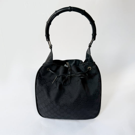 Gucci Black Monogram Bamboo Handle Tote Bag