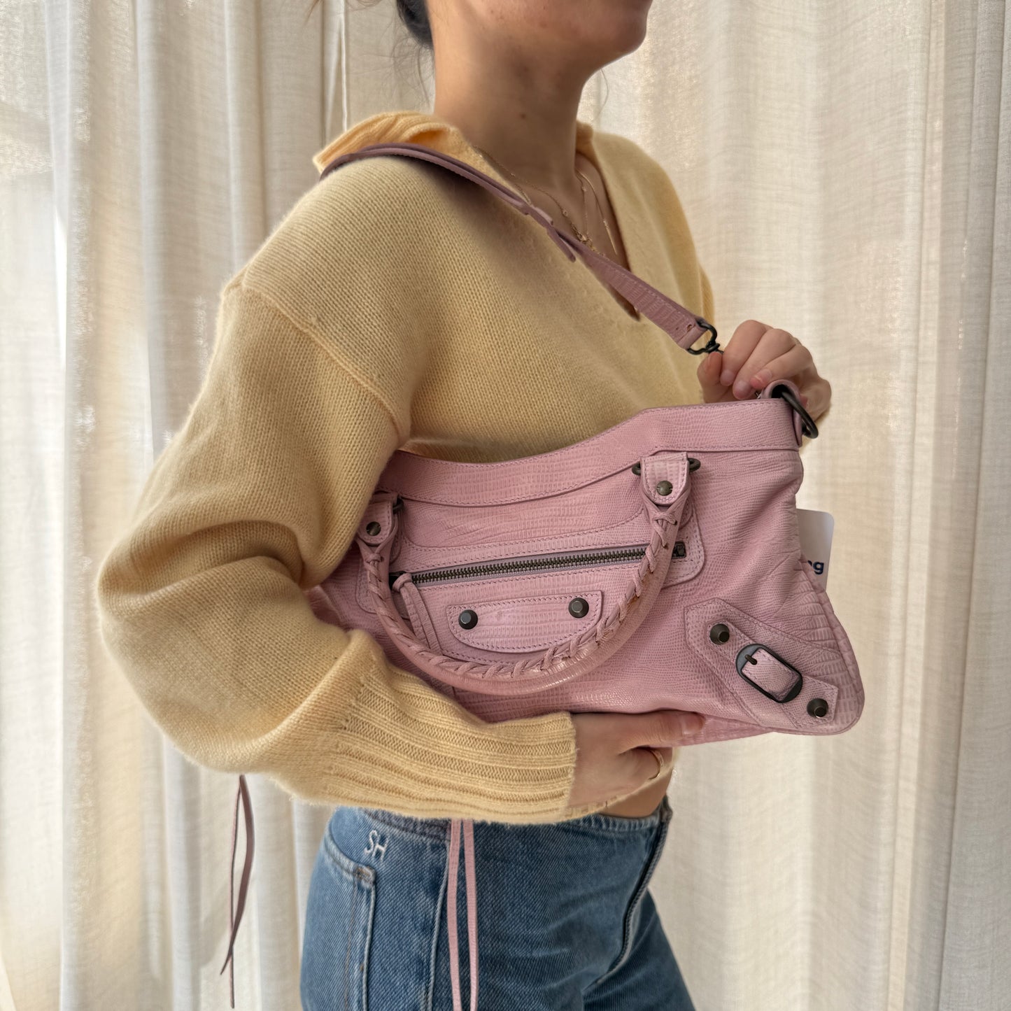 RARE Balenciaga Pink Leather Lizard Embossed First City Bag