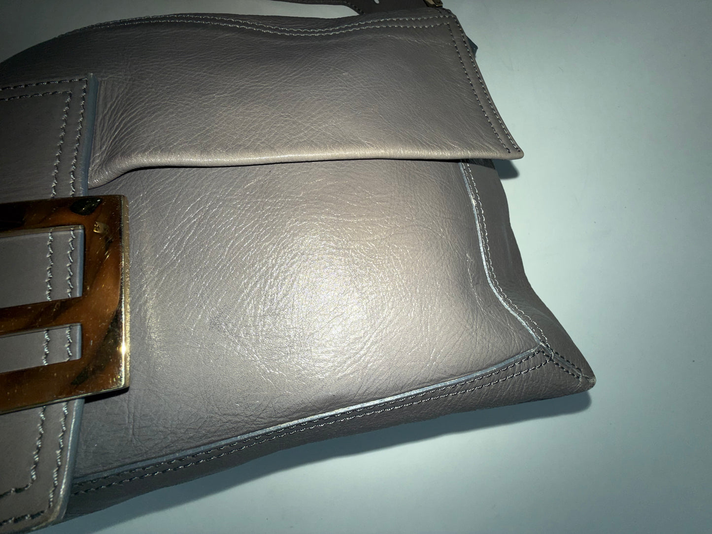 Fendi Grey Leather Maxi Baguette Flap Shoulder Bag