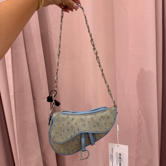 RARE Christian Dior Teal & Green Ostrich Leather Mini Saddle Bag SHW