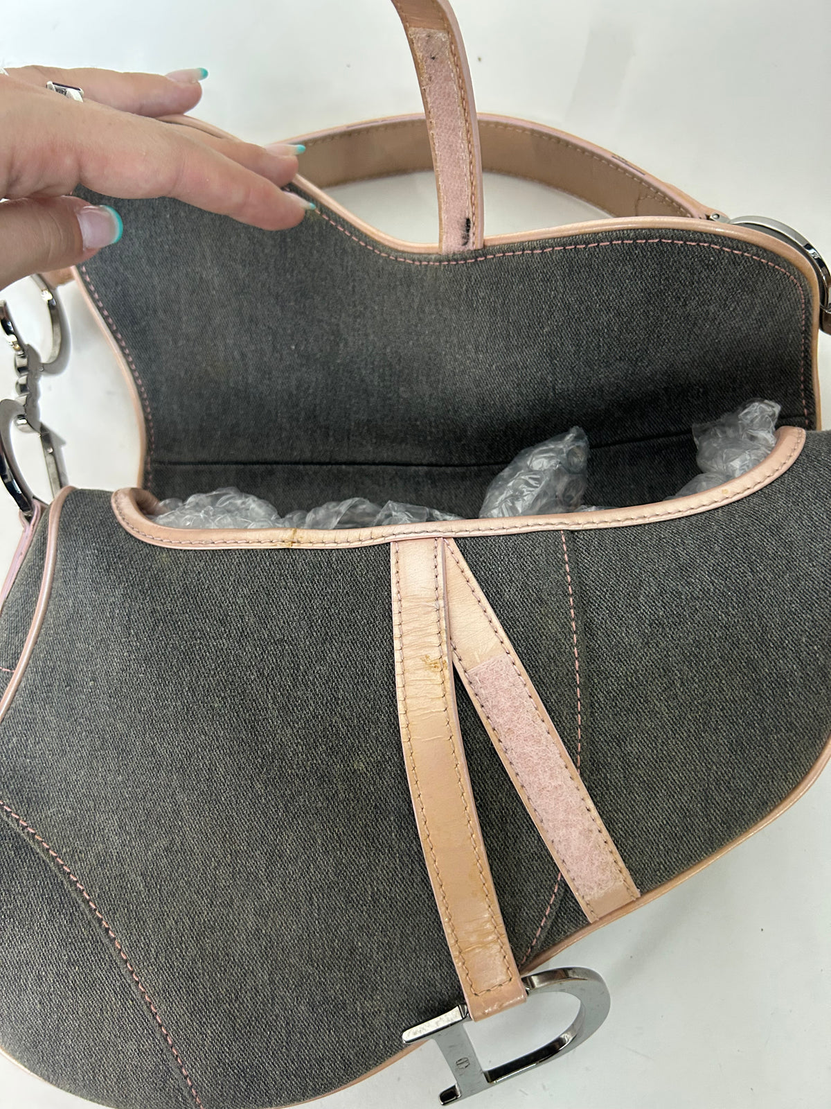 Christian Dior Gray Denim & Pink Patent Leather Saddle Bag