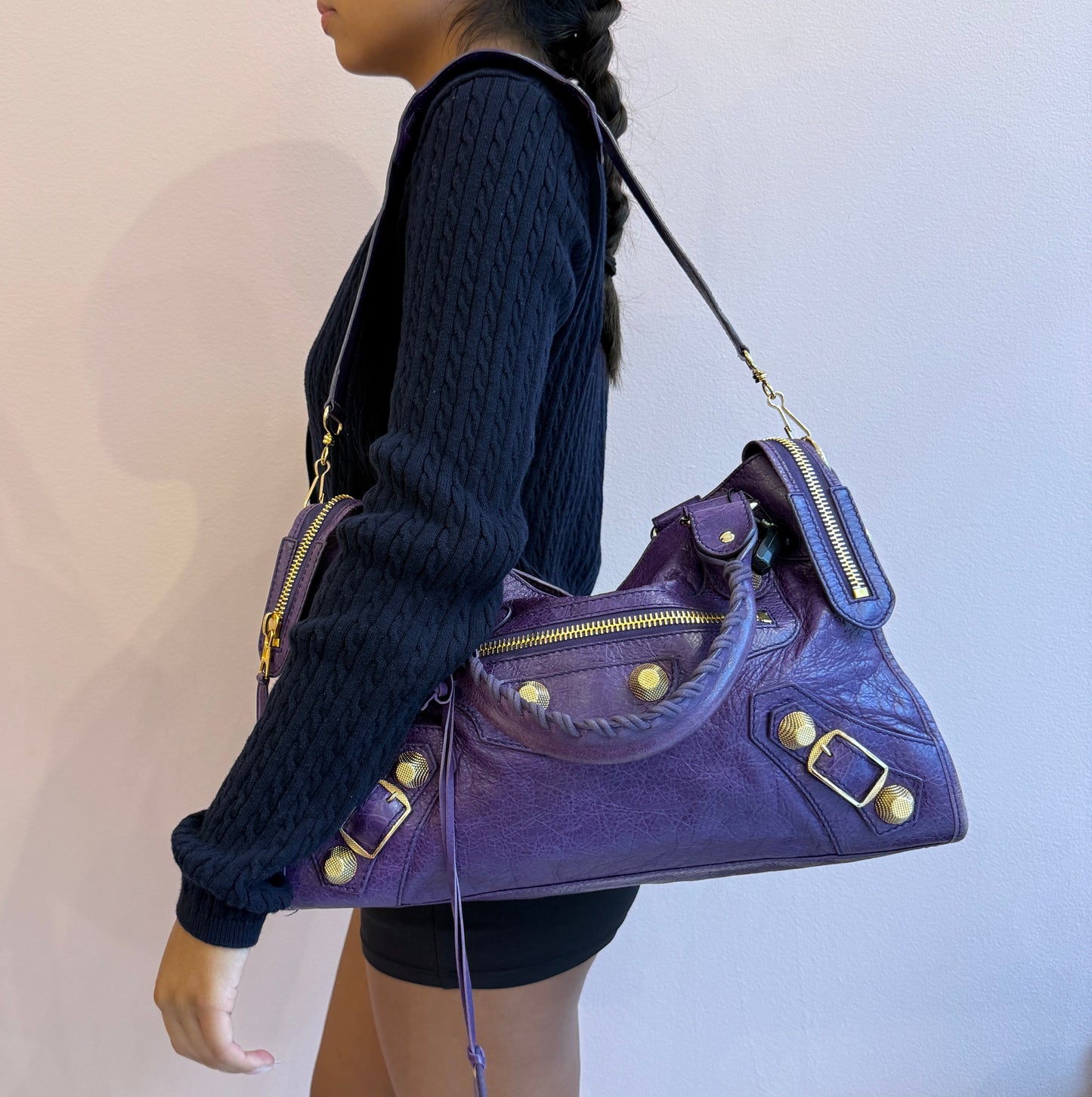 RARE Balenciaga Purple Giant Gold Hardware City Bag