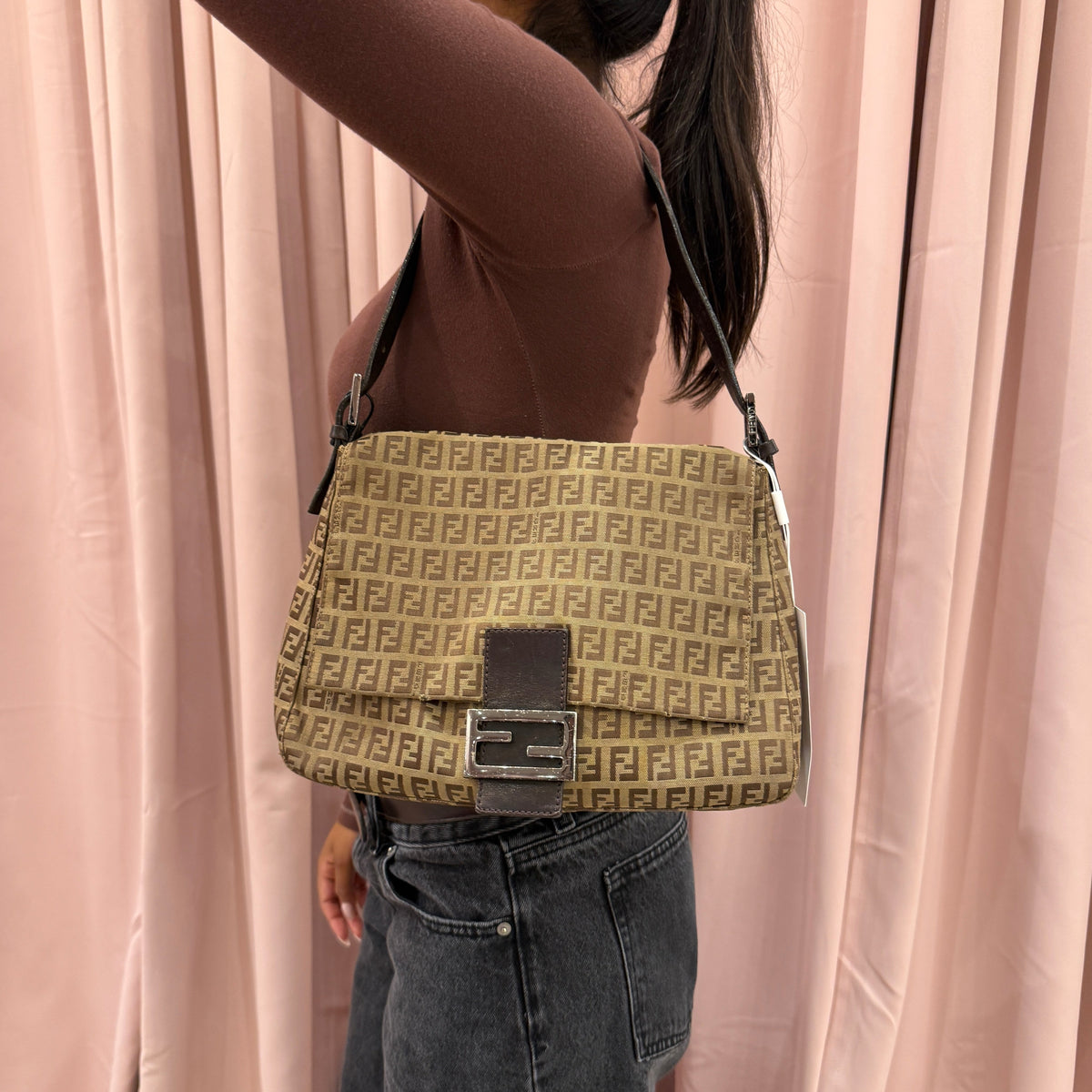 Fendi Brown Canvas Zucchino Monogram Mamma Baguette Shoulder Bag