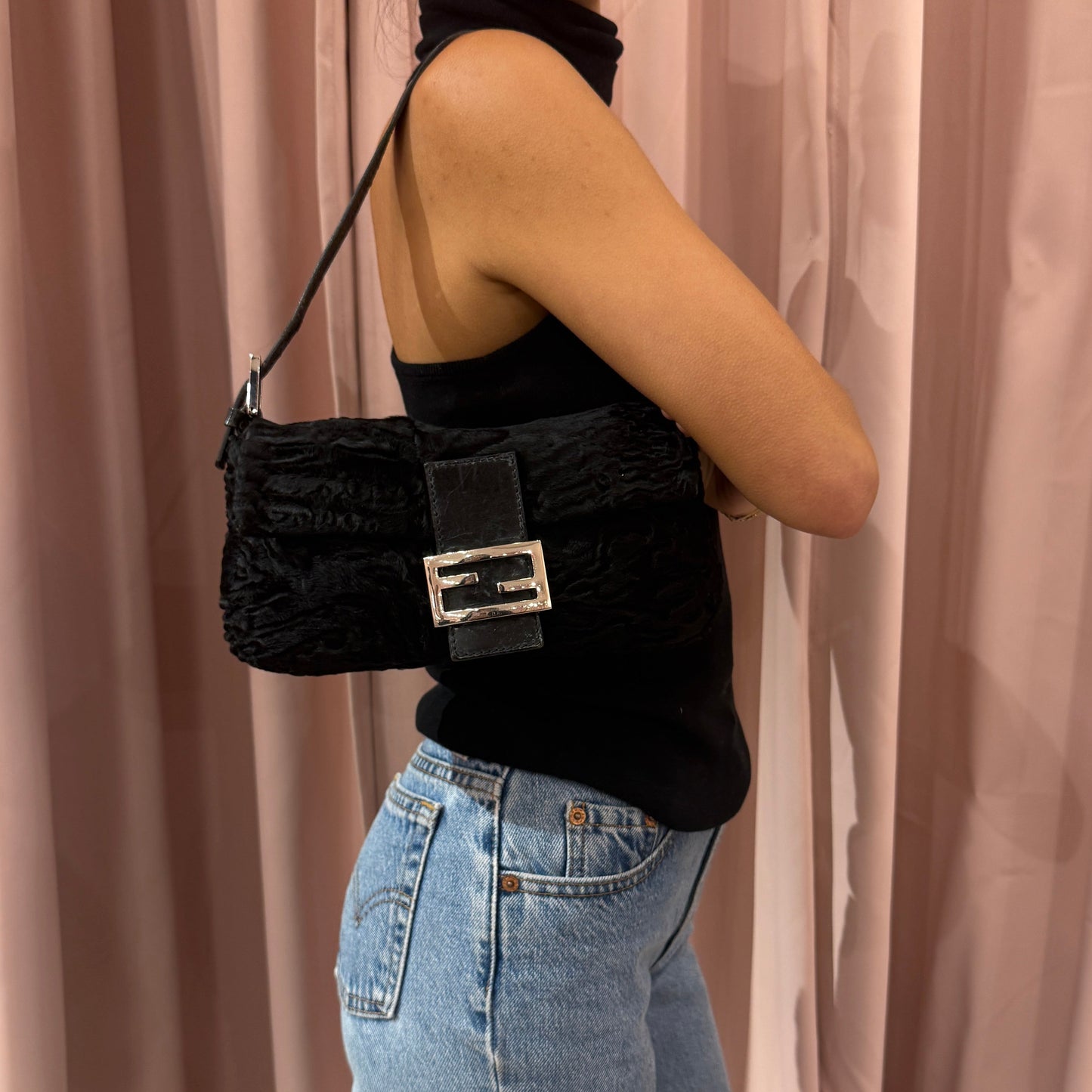Fendi Black Astrakhan Ponyhair & Leather Baguette Shoulder Bag SHW
