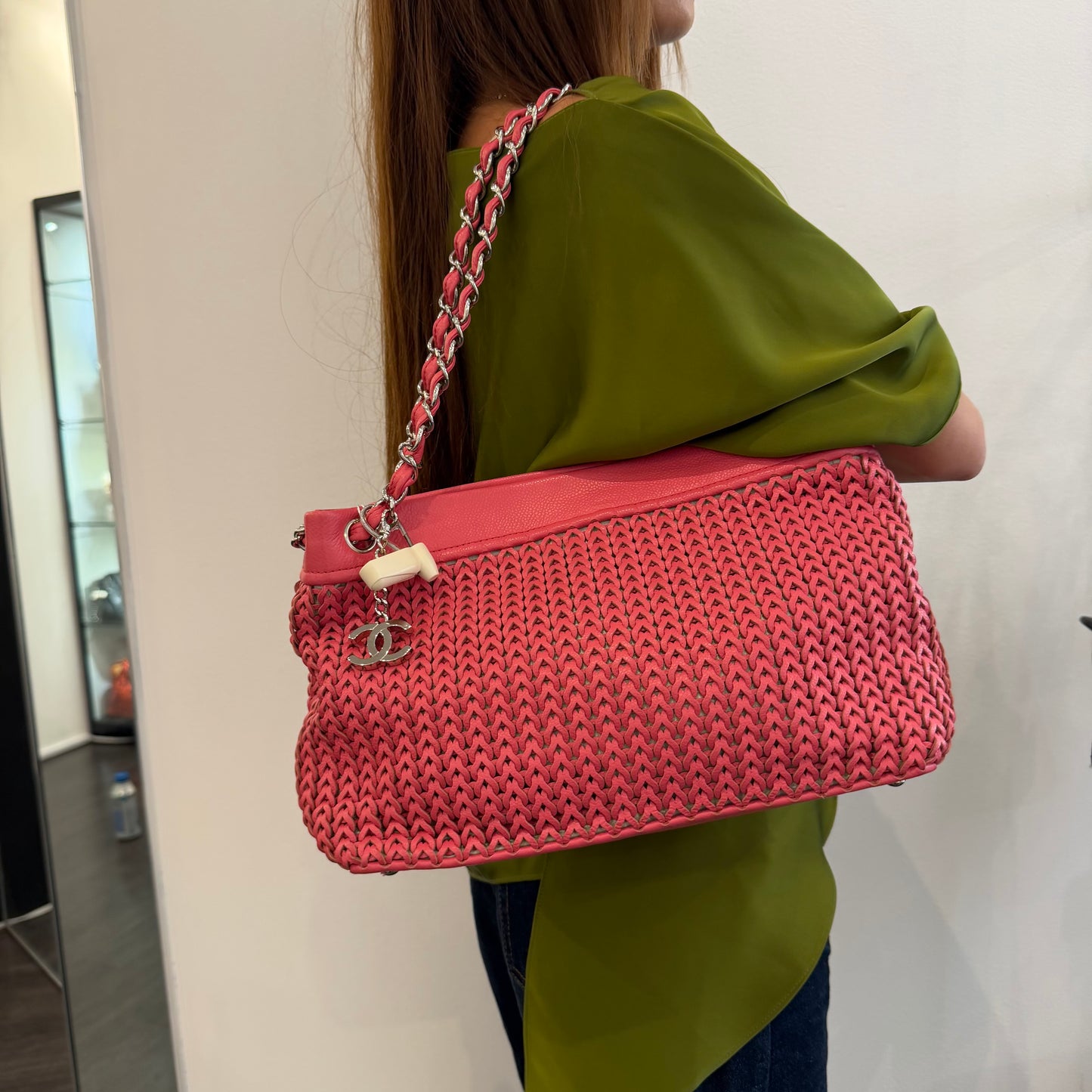 Chanel 2005 Pink Braided Leather Chain Strap Tote Bag