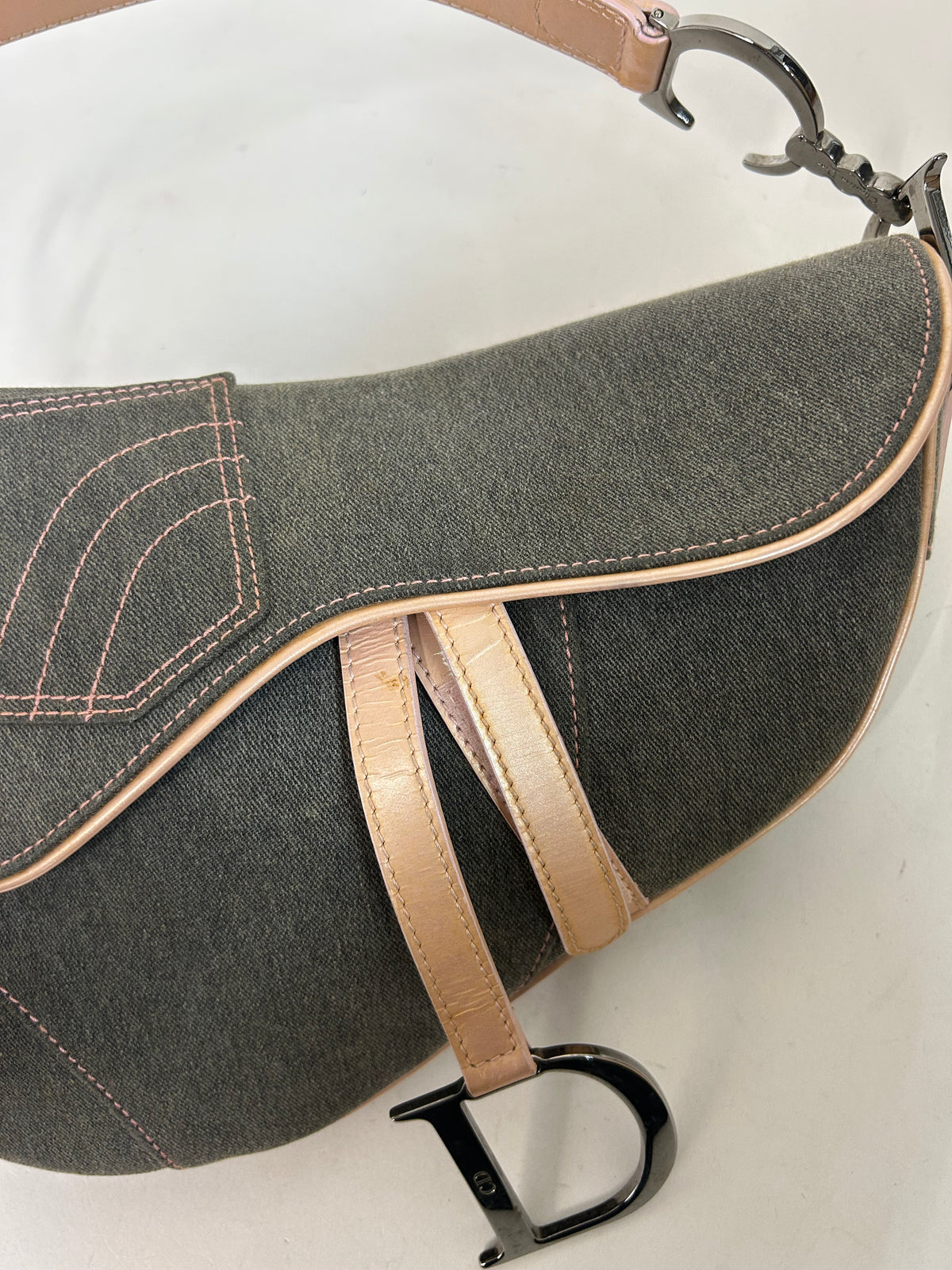 Christian Dior Gray Denim & Pink Patent Leather Saddle Bag