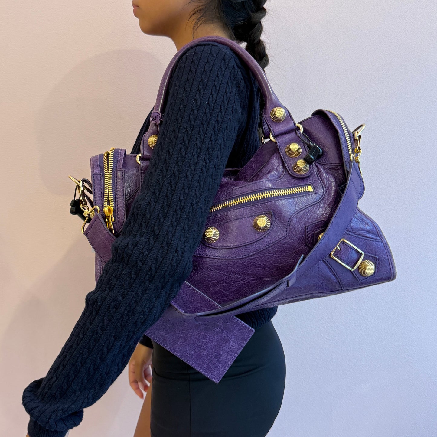 RARE Balenciaga Purple Giant Gold Hardware City Bag