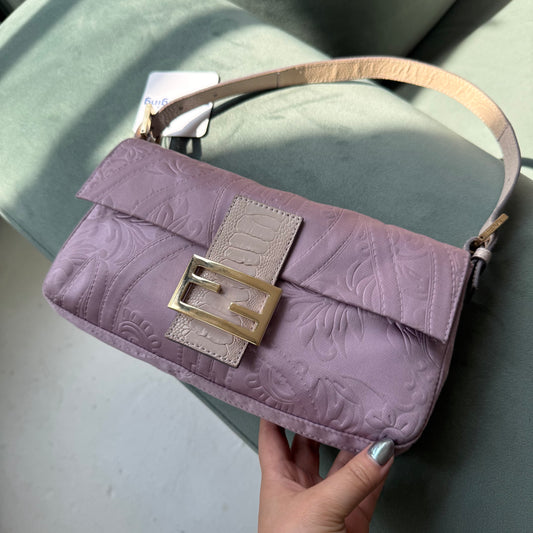 RARE Fendi Purple Satin & Crocodile Embossed Baguette Shoulder Bag