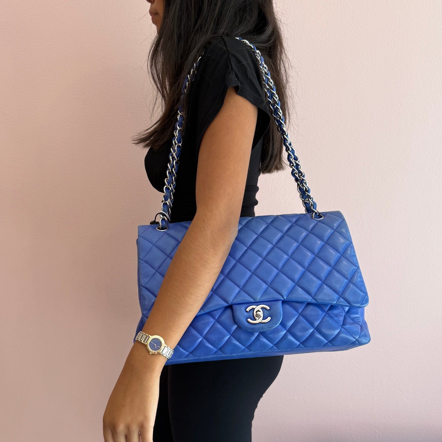 Chanel Blue Lambskin Leather Quilted Jumbo Flap SHW