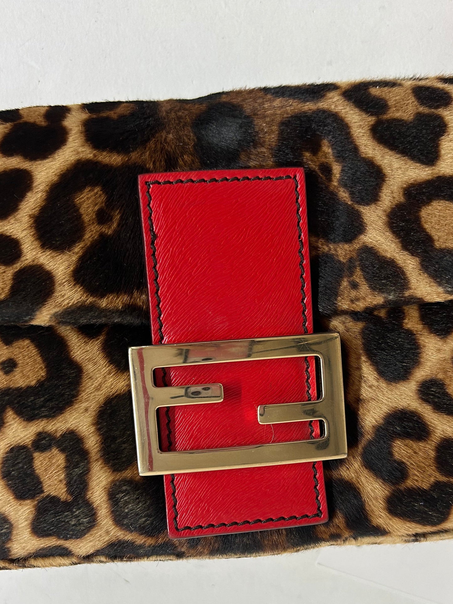 RARE Fendi Brown & Red Ponyhair & Leather Cheetah Printed Baguette Shoulder Bag GHW