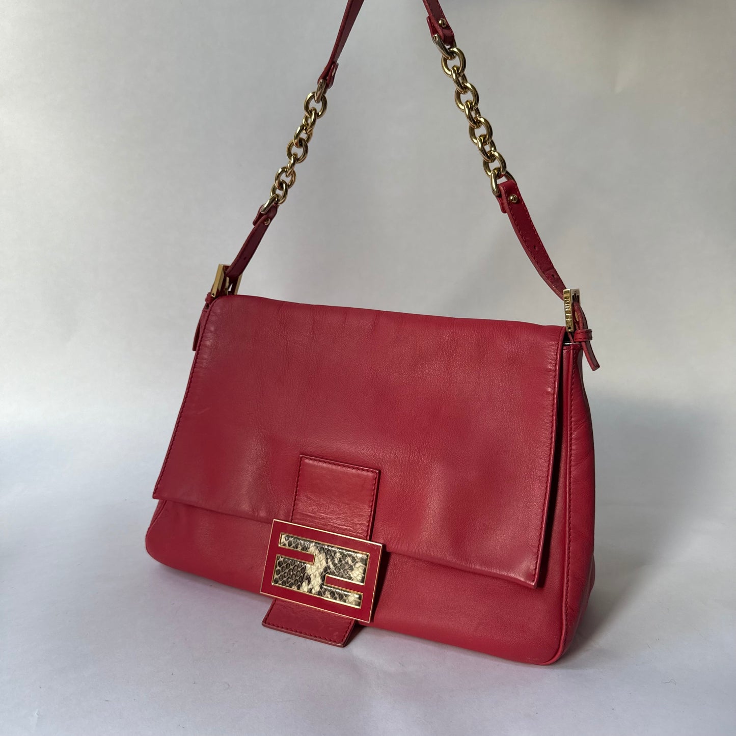 Fendi Red Leather Python Detail Mama Baguette Shoulder Bag