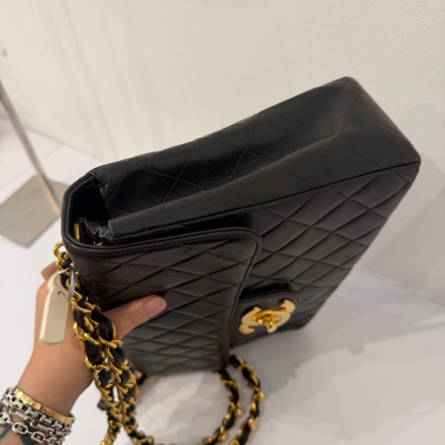 Chanel 24KGP Black Lambskin Leather Matelasse Jumbo Bag