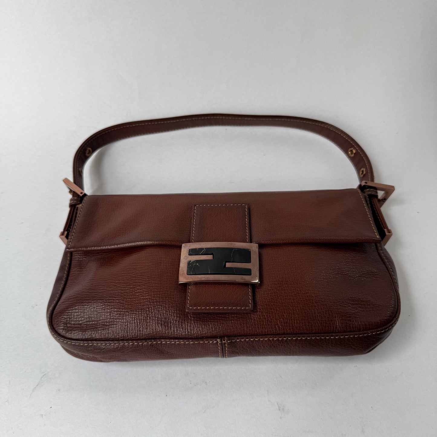 RARE Fendi Brown Leather Patina Black Stone Rose Gold HW Baguette Shoulder Bag