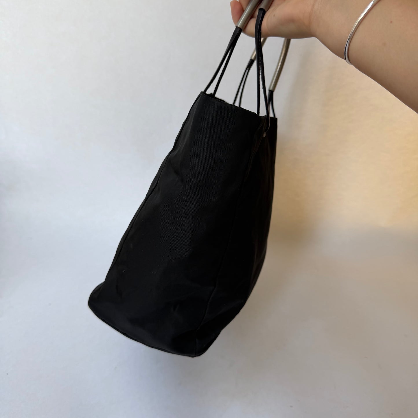 Prada Black Nylon Metal Handle Tote Bag