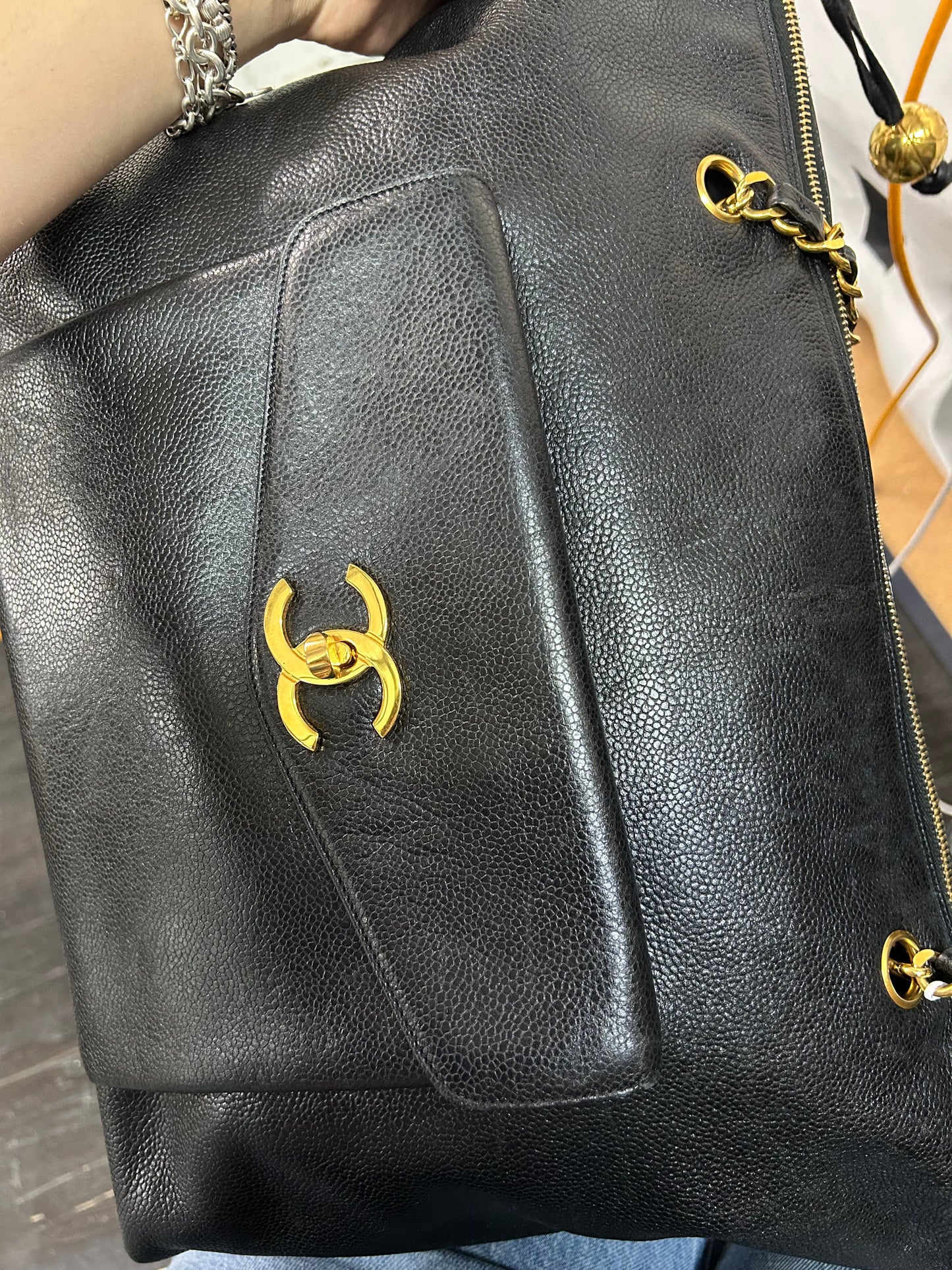 Chanel Caviar Jumbo Pocket Shoulder Tote Bag