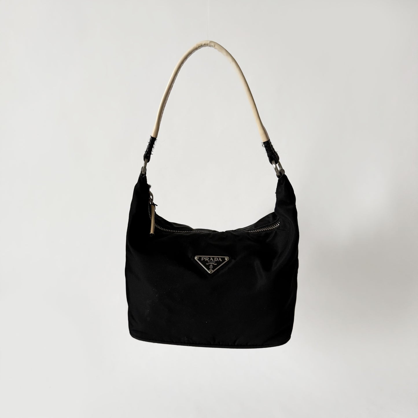 Prada Black Nylon Shoulder Bag w/ White Strap