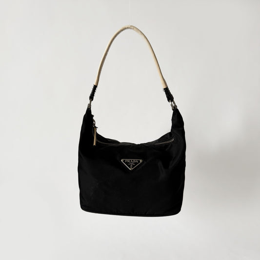 Prada Black Nylon Shoulder Bag w/ White Strap