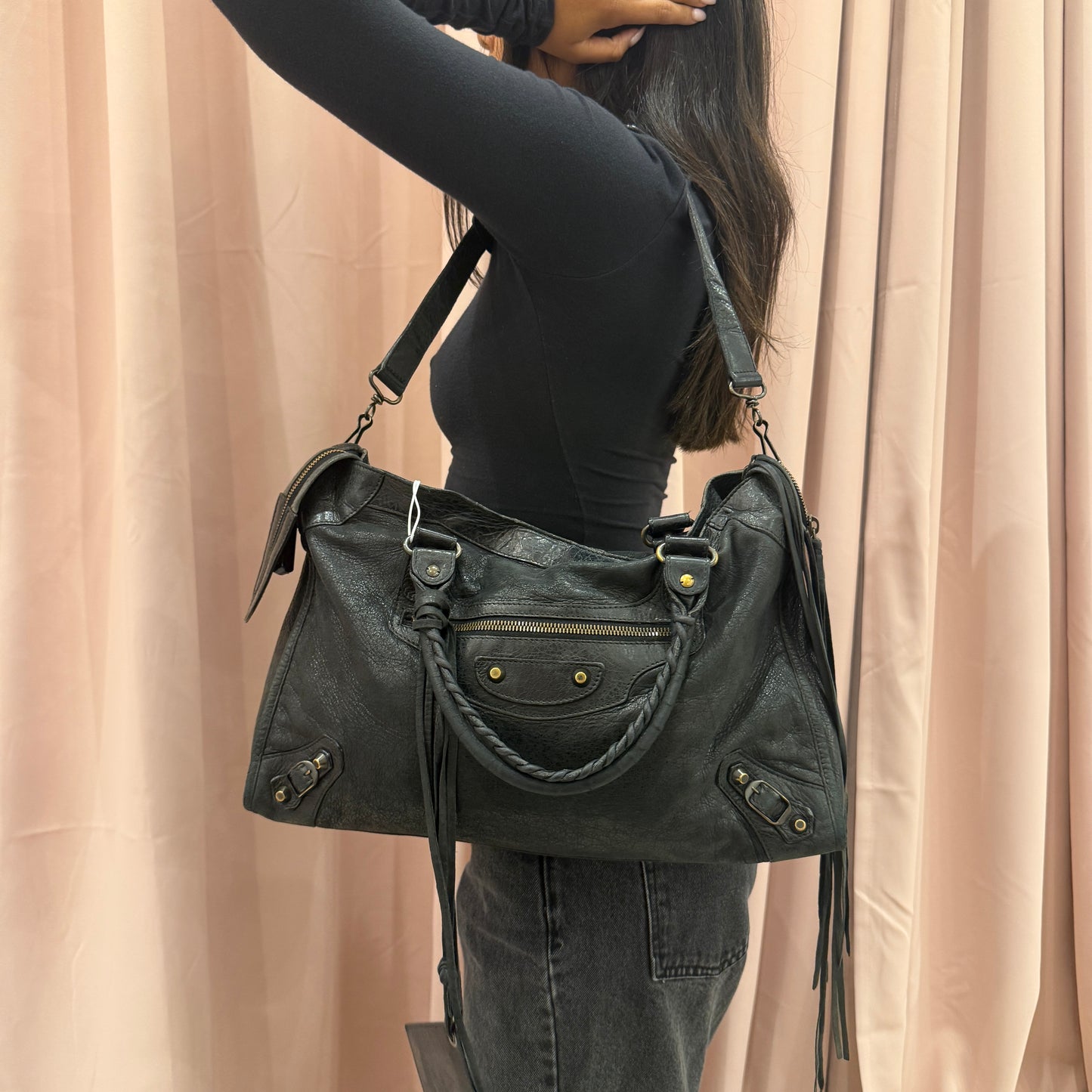 Balenciaga Black Leather City Bag Brass HW