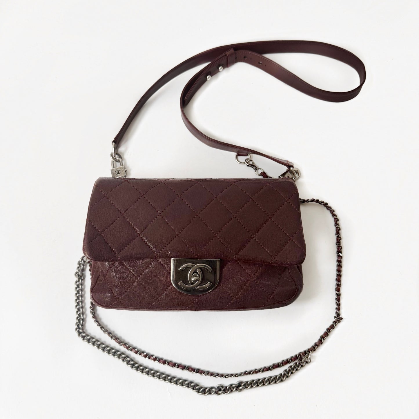 RARE Chanel Burgundy Leather Double Carry Waist Chain Flap