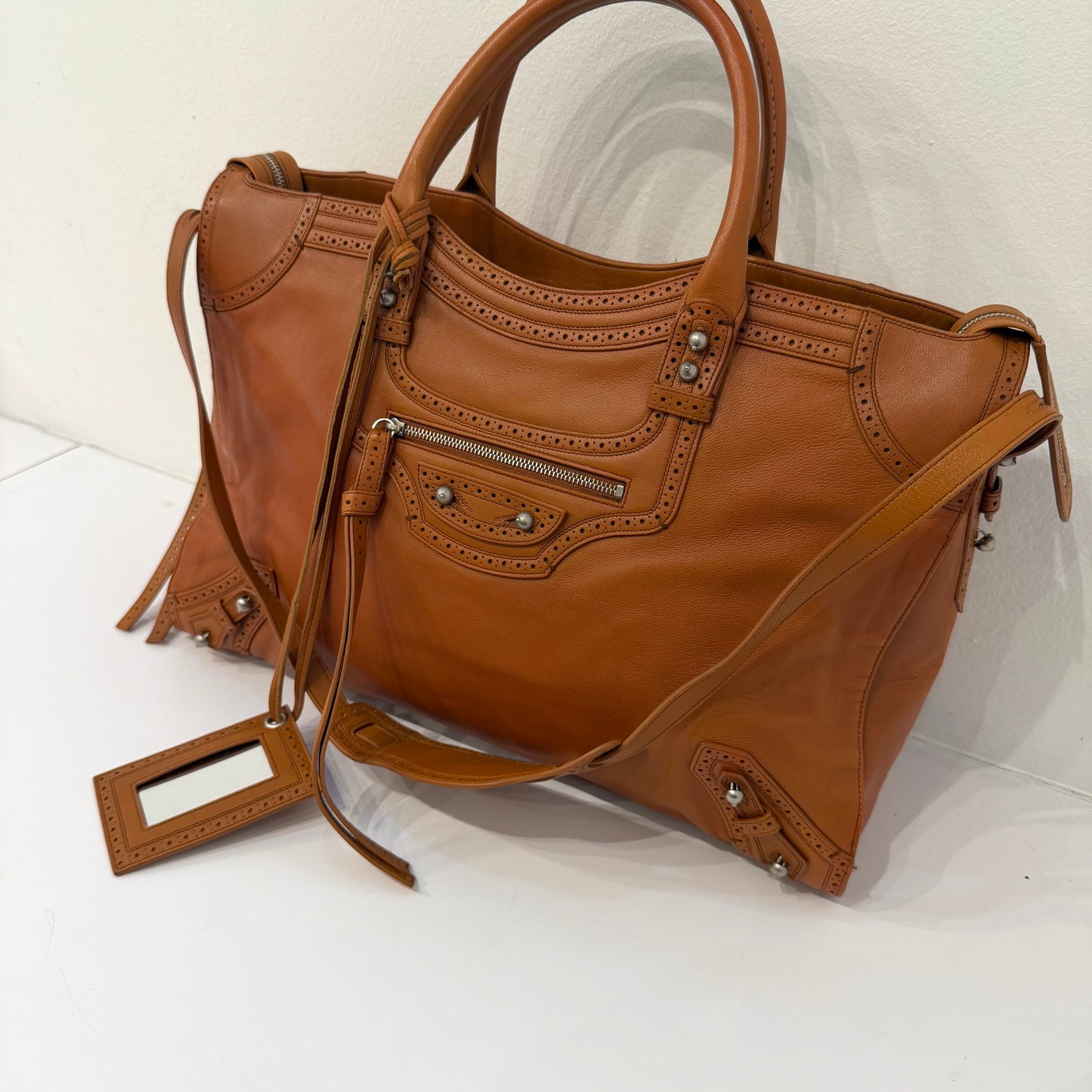 Balenciaga Ltd Edition Congac Lambskin Leather Riva Brogue Trim City Bag